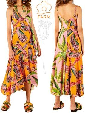 FARM RIO Mixed Prints Beaded Macaw Pink Foliage Midi Wrap Dress